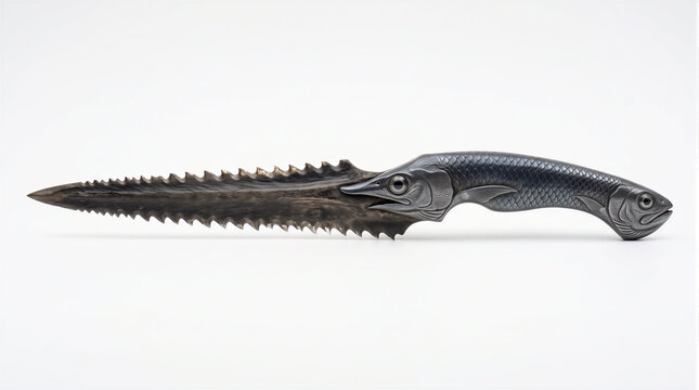 Surreal 3D render of a sawfish fused into a tactical knife with its serrated snout as a steel saw blade. Visual concept for survival, biomimicry, cutting power, and weapon