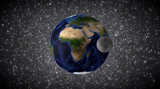 Dynamic motion graphics of earth rotating in space surrounded by glittering particles and moon passing by.