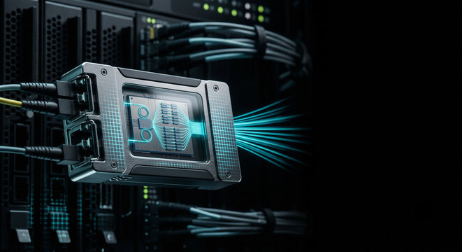 Co-packaged optical transceiver module with glowing fiber optic interconnects inside a high speed enterprise server rack