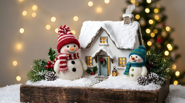 Miniature Snow Covered House and Two Snowmen Christmas Display with Golden Lights