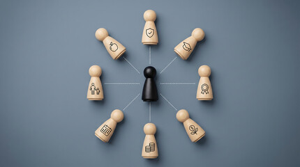 Obraz premium Life Balance Concept with Wooden Figures Representing Health, Family, Education, Security and Financial Goals