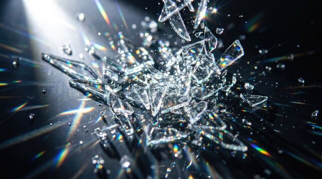 Abstract background featuring a dynamic light effect created by shattered glass fragments floating in a dark studio space