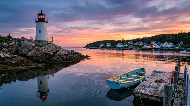Scenic lighthouse and wooden boat in calm harbor at sunset