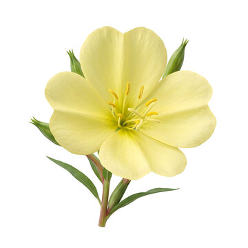 Pale yellow evening primrose flower with green leaves on transparent background
