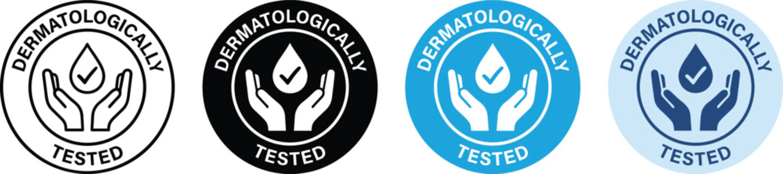 Dermatologically tested logo set with hands and droplet symbolizing skincare safety and product quality assurance