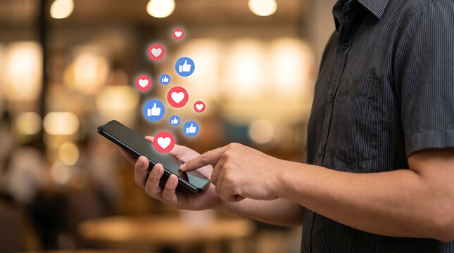 Person using smartphone with social media icons and heart shaped notifications displayed mobile device cellular