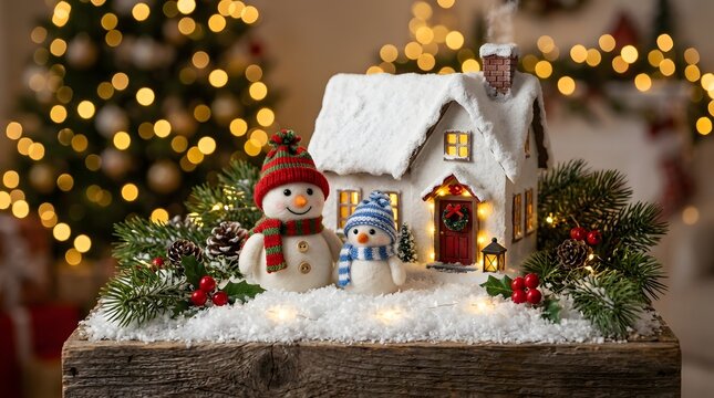 Miniature Snow Covered House and Two Snowmen Christmas Display with Golden Lights