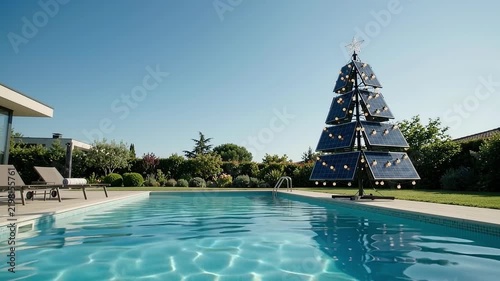 Solar Panel Christmas Tree Standing Beside Luxury Swimming Pool Under Clear Blue Sky