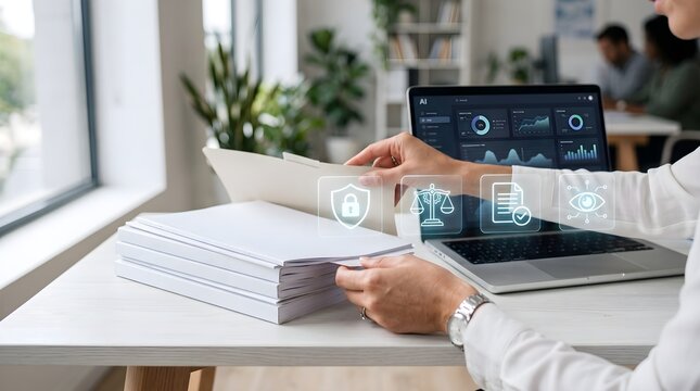 Professional office worker handles stacks of physical documentation while interacting with modern digital interface symbols related to data privacy compliance