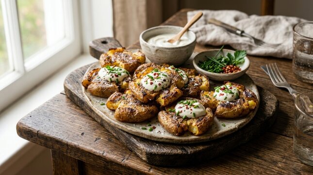 Crispy Smashed Potatoes with Creamy Topping and Fresh Herbs