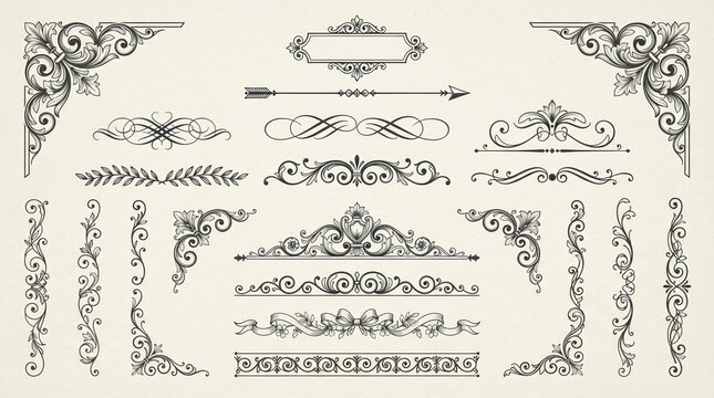 Decorative vintage flourish elements including ornate corners frames and classic calligraphic dividers presented in an elegant black ink style on a textured light cream background