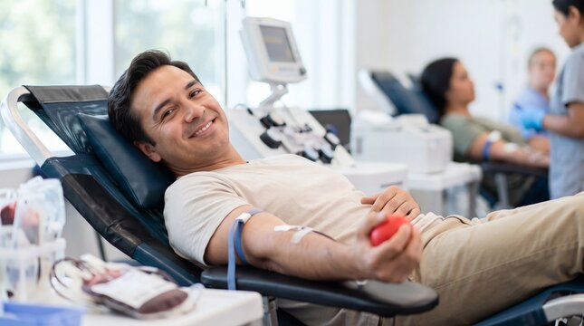 Smiling male blood donor lying on comfortable medical donor chair donating blood in clinic center. Happy volunteer resting during therapeutic transfusion collection process in hospital ward.