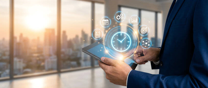 Business professional reviewing digital clock and productivity icons on tablet in modern office setting