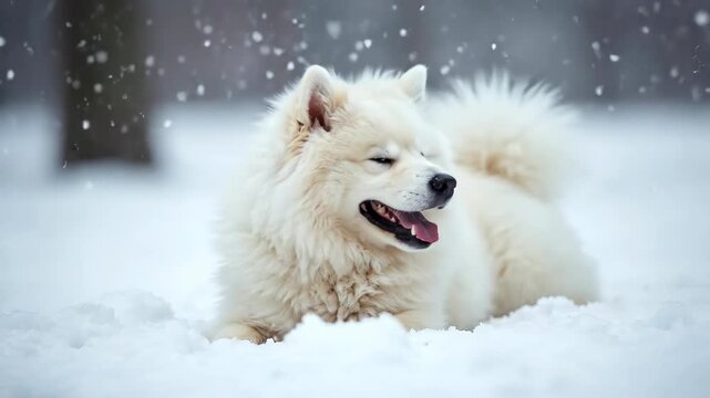 Happy Samoyed dog lying in fresh snow during a gentle winter snowfall.