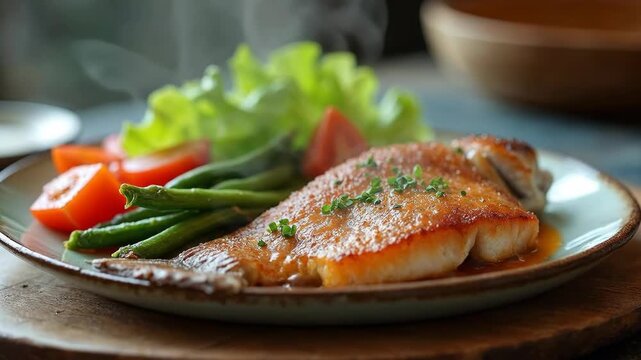 Steaming hot grilled fish fillet with fresh vegetables, a healthy and delicious meal.