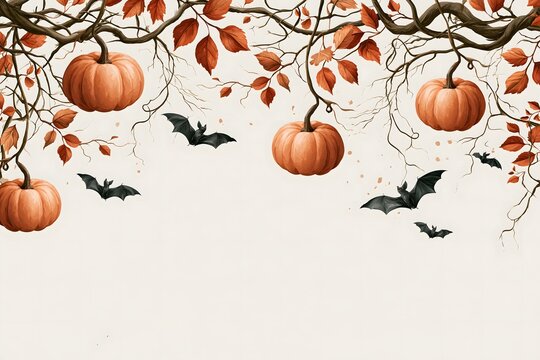 elegant botanical Halloween background with hanging orange pumpkins intertwined with autumn branches and vines, black bats flying through the composition, warm amber palette, sophisticated watercolor