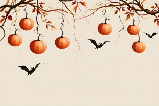 elegant botanical Halloween background with hanging orange pumpkins intertwined with autumn branches and vines, black bats flying through the composition, warm amber palette, sophisticated watercolor