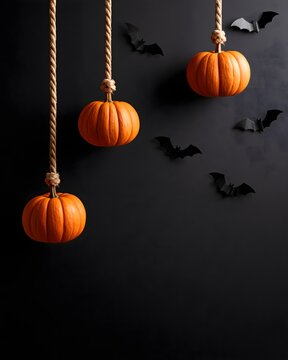 monochrome-inspired Halloween design using vivid orange pumpkins against a nearly black background, hanging rope decorations and flying bat silhouettes, dramatic lighting, minimalist luxury seasonal