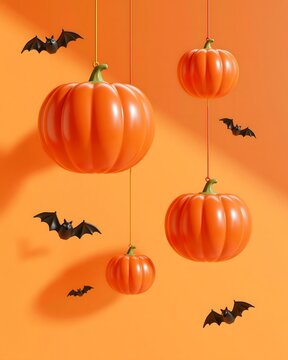playful 3D Halloween background with oversized glossy orange pumpkins hanging from colorful ropes, cute stylized bats flying around them, soft shadows, vibrant orange studio environment, modern