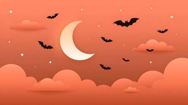 minimalist Halloween animation background with a simple glowing crescent moon, elegant bat silhouettes flying across the sky, subtle orange gradient, soft clouds and scattered stars, modern flat