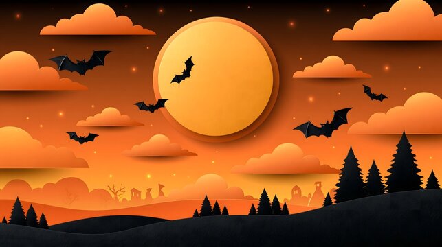 paper cut Halloween background with layered full moon, flying bats, clouds, distant haunted trees and glowing stars, dimensional orange and black paper layers, handcrafted seasonal design, clean