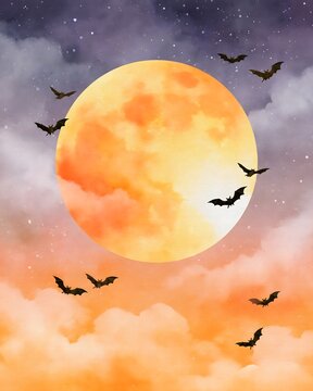 watercolor Happy Halloween background, large glowing moon painted in warm orange and yellow tones, delicate flying bats, soft clouds, tiny stars and misty night sky, handcrafted artistic texture,