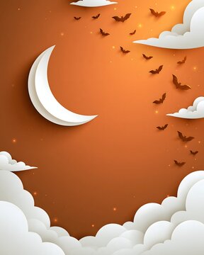 elegant Halloween greeting card background with crescent moon, graceful bat silhouettes, tiny glowing stars, delicate clouds and warm amber gradient, refined minimal illustration, spacious center for
