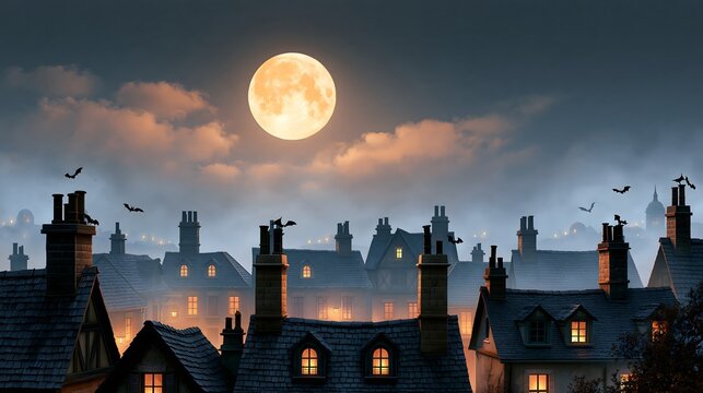spooky Halloween village at night, glowing full moon above old rooftops, bats flying between chimneys, soft orange clouds, distant lanterns and atmospheric mist, cinematic realistic illustration,