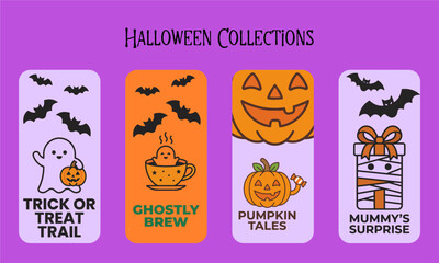 Fototapeta premium Set of four vertical Halloween bookmarks banners featuring cute ghost, coffee cup brew, pumpkin face, and surprise mummy vector illustrations