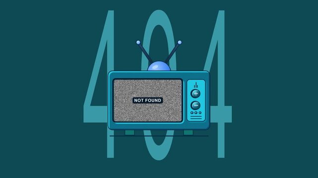 Retro TV illustration with a refined symmetric antenna and clean control buttons, showing a black-and-white static 404 error screen on a teal background.