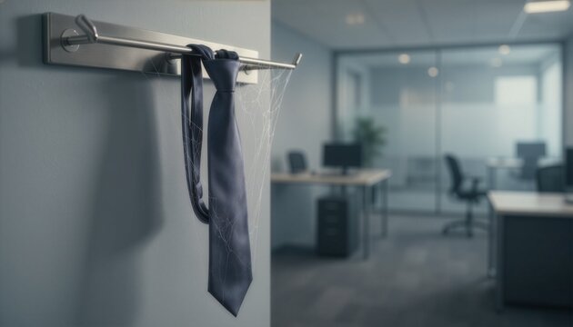 Spider Web on Single Necktie Hanging in Office Symbolizing Breaking Free from Outdated Business Customs