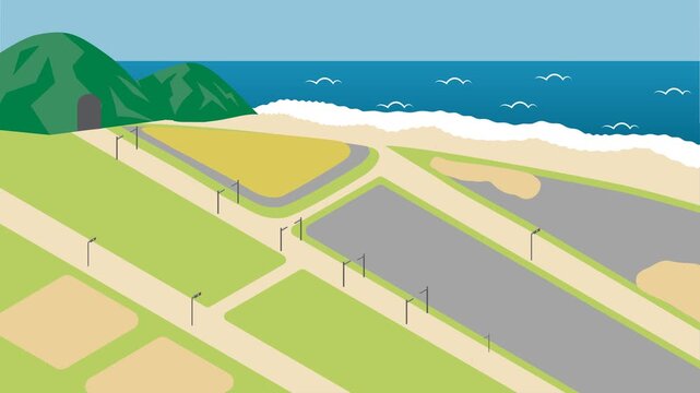 海の見える街が組み上がるアイソメトリックイラスト 地面から道路や建物や人が順に現れるアニメーション
