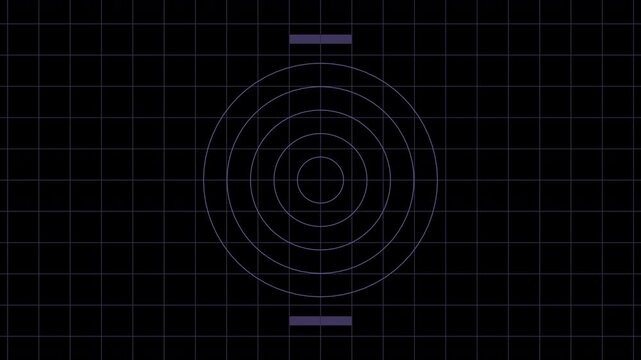 military secret radar spy tracker electronic device heads up display screen with radiating ping radius sonar and moving rectangular digital blocks on a navigation chart map grid 4K animation