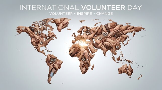 International volunteer day concept featuring a world map formed by human hands