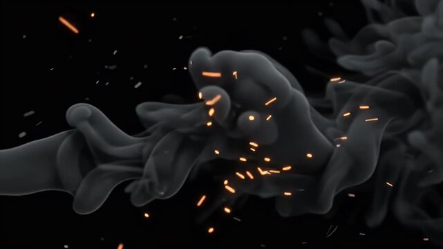 Grey smoke clouds with glowing orange embers floating against a solid black background