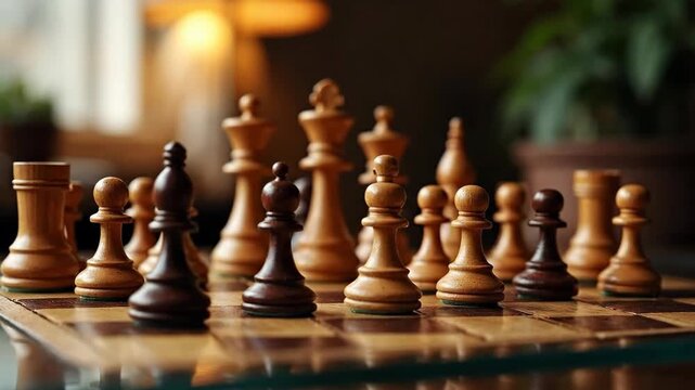 Classic wooden chess pieces set on a board, ready for a strategic game. Warm, intellectual mood.
