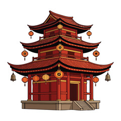 Fototapeta premium Traditional red Chinese pagoda temple building with Asian oriental lanterns