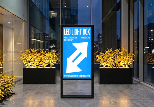 Realistic LED Light Box Mockup in Modern Building Lobby