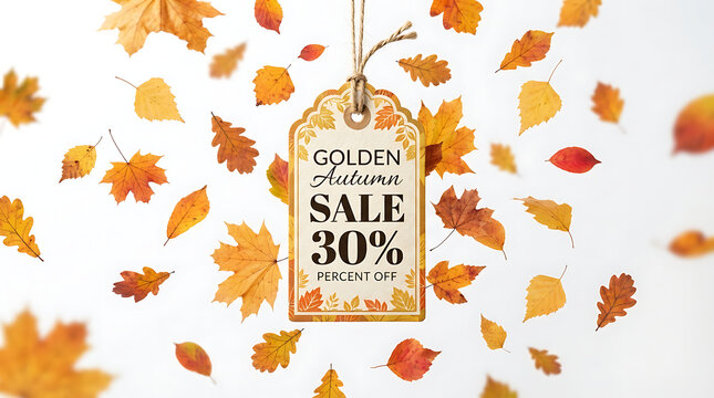 "GOLDEN Autumn SALE 30% PERCENT OFF," surrounded by countless falling and scattered autumn leaves in yellow, orange, and red on white.

