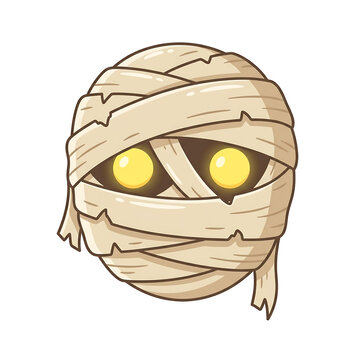 Cute cartoon mummy head vector illustration with glowing yellow eyes on transparent background