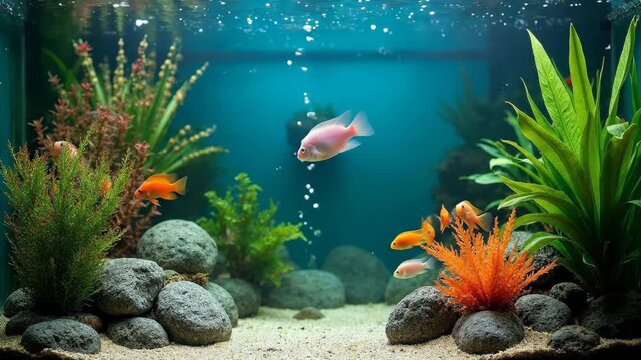 Vibrant aquarium with colorful fish swimming among lush plants and decorative rocks.