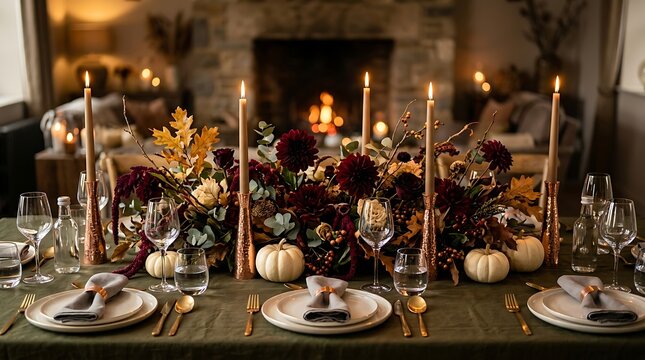 Elegant autumnal dining table setting with seasonal decorations for holiday event catering