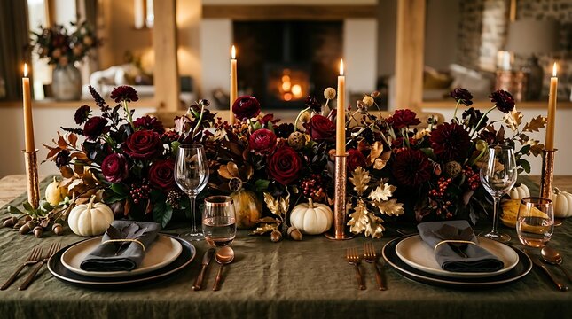 Elegant holiday dining table centerpiece with seasonal floral arrangement and gourmet food display