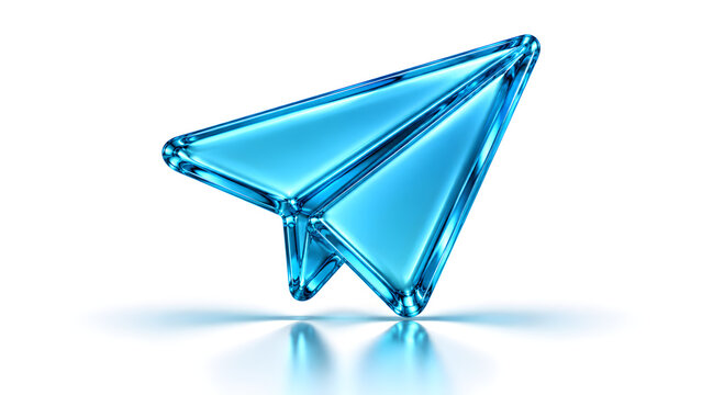 3d render of a glossy blue paper plane icon isolated on white background