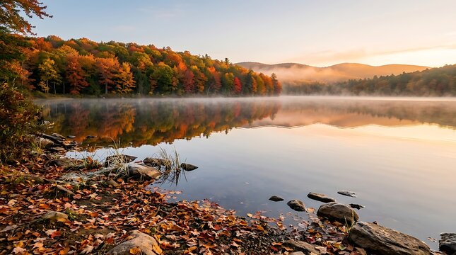 Autumn forest lake with misty reflection and rocky shoreline at golden hour