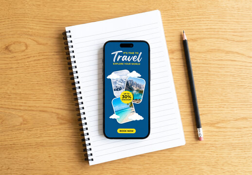 Smartphone Screen Mockup with Notebook and Pencil