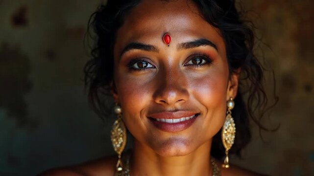 Serene Indian woman with bindi and traditional jewelry, eyes closed in peaceful smile.