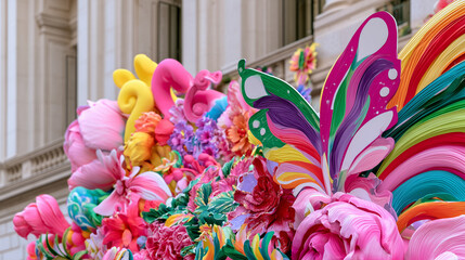 Obraz premium Vibrant Floral and Butterfly Decorations Celebrating the Artistic Spirit of the Carnaval de San Miguel Street Parade Festivities in a City Setting