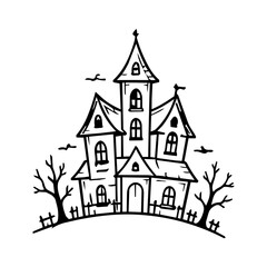 Fototapeta premium Hand Drawn Haunted House Halloween Spooky Mansion Line Art Illustration