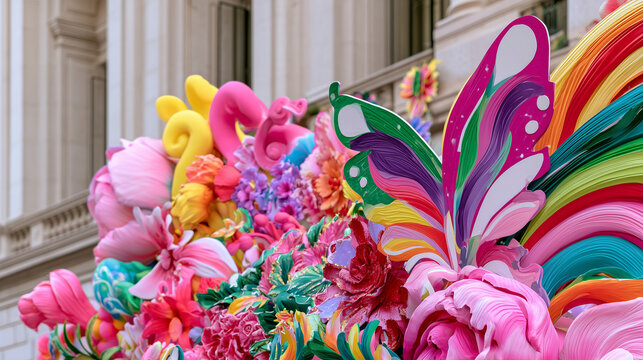 Vibrant Floral and Butterfly Decorations Celebrating the Artistic Spirit of the Carnaval de San Miguel Street Parade Festivities in a City Setting
